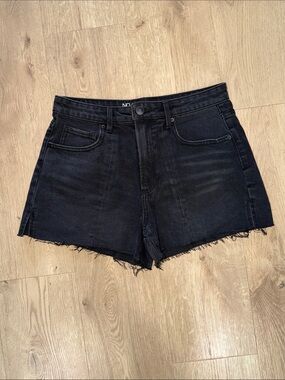 High-Rise Black Frayed Hem Denim Shorts